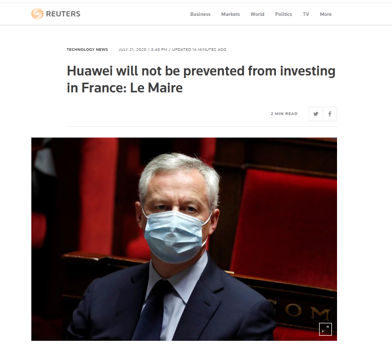 路透社报道：法国财长称华为不会被阻止在法投资