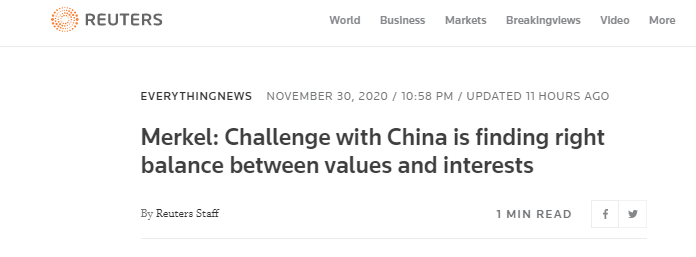 路透社:默克尔称,与中国的挑战是在价值观和利益之间找到正确的平衡