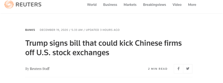 路透社:特朗普签署法案,限制中企在美证券交易所上市