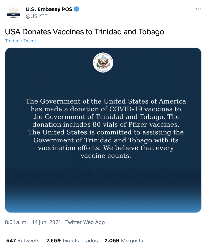 美国驻特立尼达和多巴哥大使馆在社交媒体上发布推文，宣称已向该国捐赠80瓶辉瑞新冠疫苗。网络截图