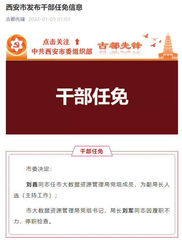 西安大数据资源管理局局长停职检查